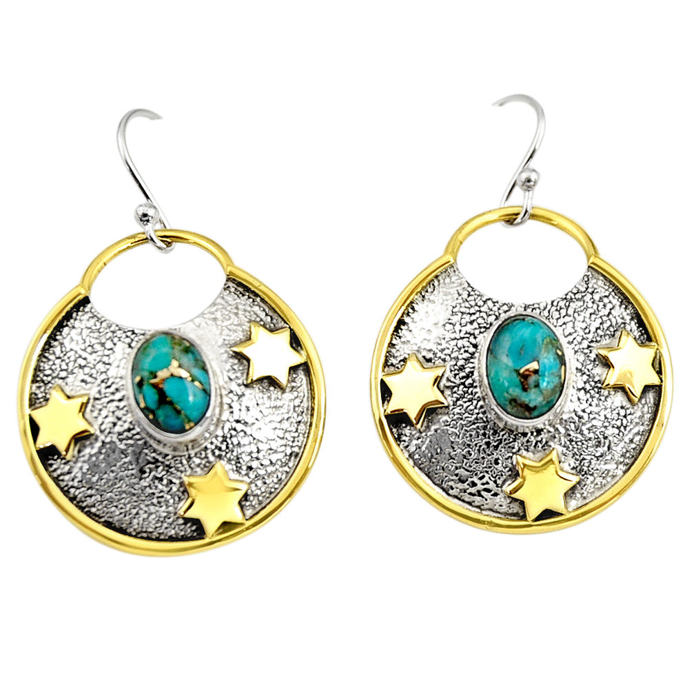 3.89cts victorian blue copper turquoise 925 silver two tone star earrings r9057