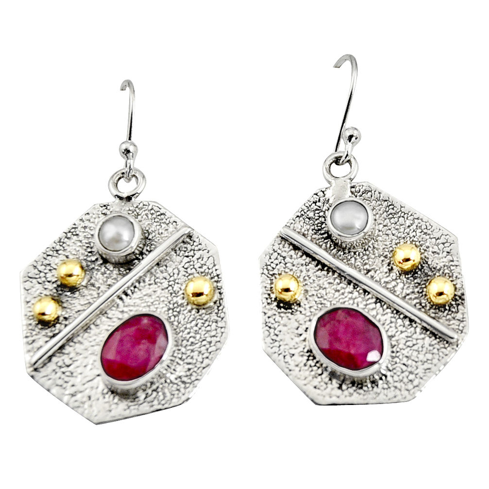 5.24cts victorian natural red ruby pearl 925 silver two tone earrings r9062