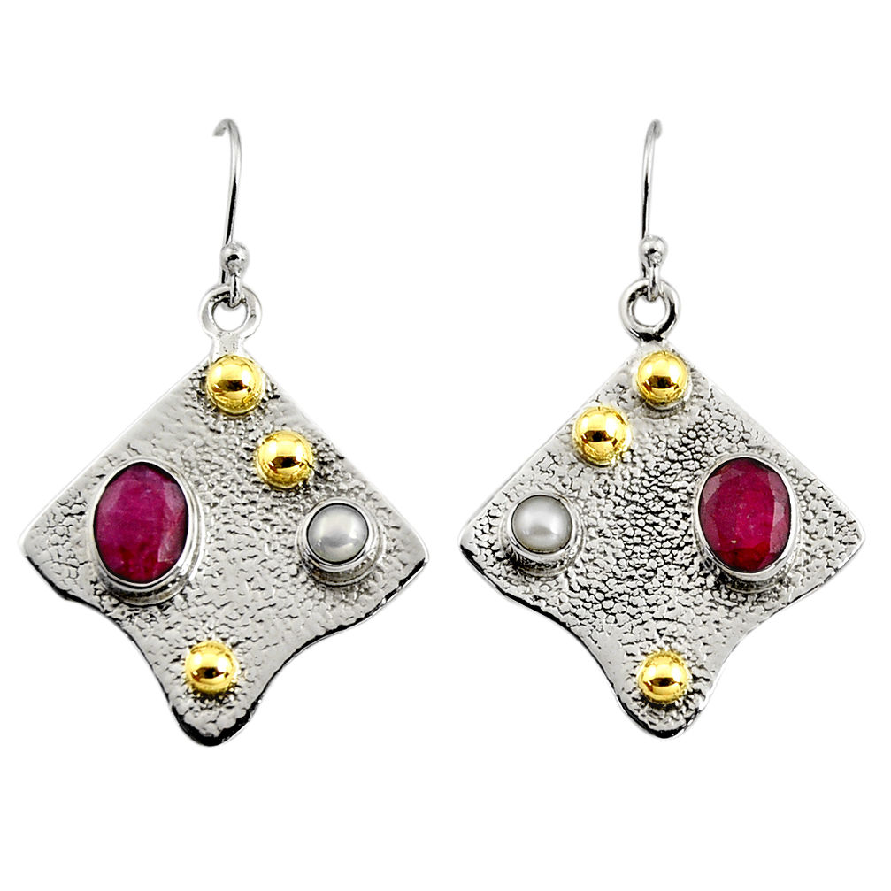 4.91cts victorian natural red ruby 925 silver two tone dangle earrings r9070