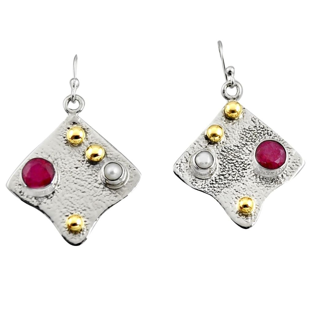 925 silver 4.36cts victorian natural red ruby pearl two tone earrings r9384