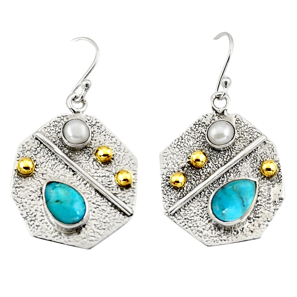 5.38cts victorian blue arizona mohave turquoise silver two tone earrings r9386