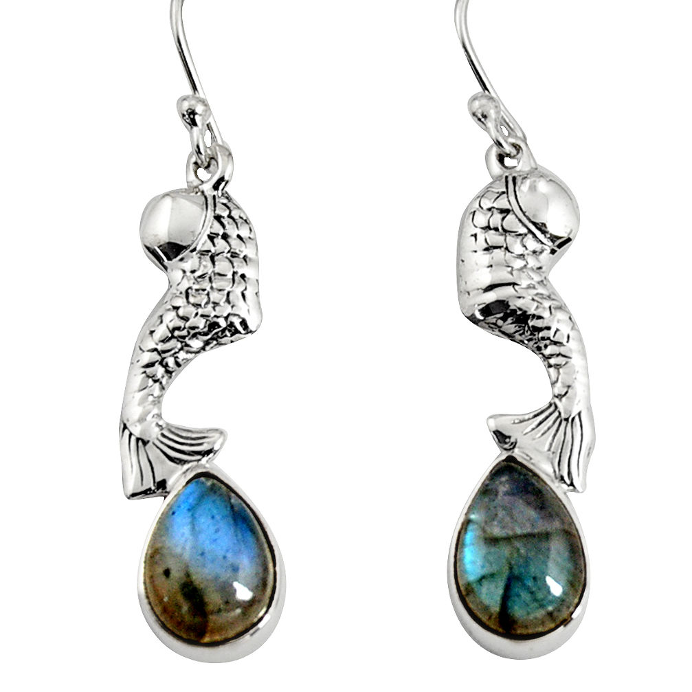 5.53cts natural blue labradorite 925 sterling silver fish earrings jewelry r9606