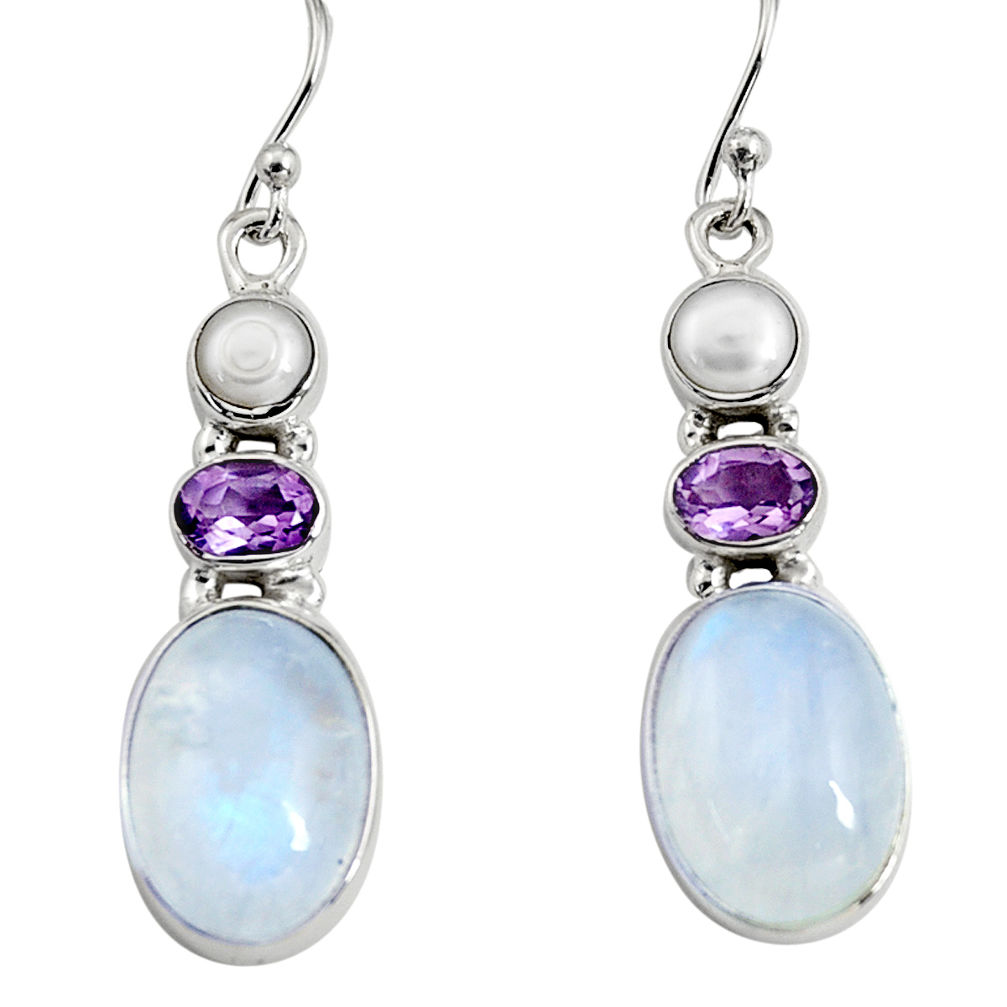 14.72cts natural rainbow moonstone amethyst pearl 925 silver earrings r9700