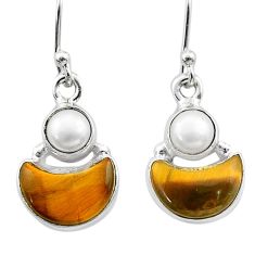 7.42cts moon natural brown tiger's eye white pearl 925 silver earrings t68936