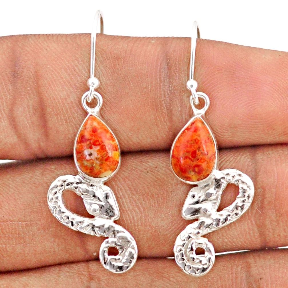 925 sterling silver 5.14cts natural red sponge coral snake earrings t80910