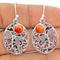 2.27cts natural red sponge coral 925 sterling silver dragonfly earrings t80963