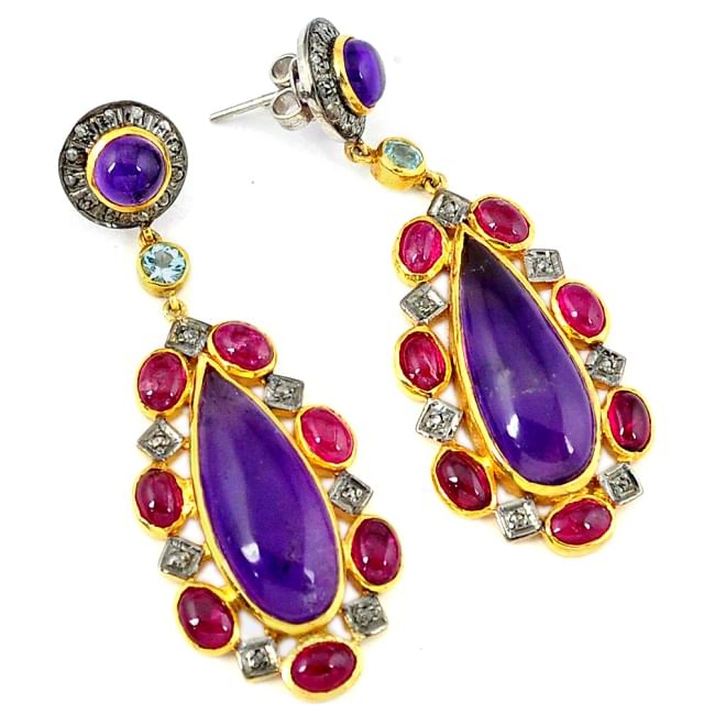 48.38cts estate natural diamond purple amethyst 925 silver gold earrings v1401