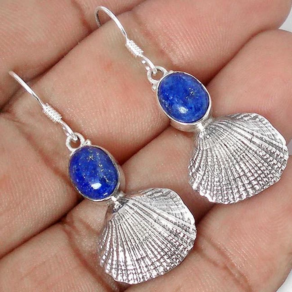 ANTIQUE NATURAL AFGHANI BLUE LAZULI LAPIS SEASHELL 925 SILVER EARRINGS G82288