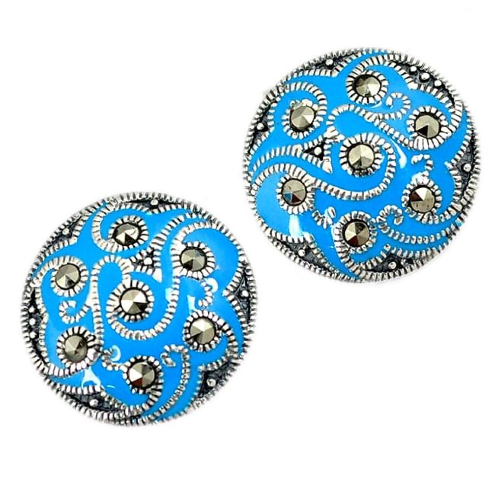 Art deco marcasite blue enamel 925 sterling silver stud earrings jewelry h48988