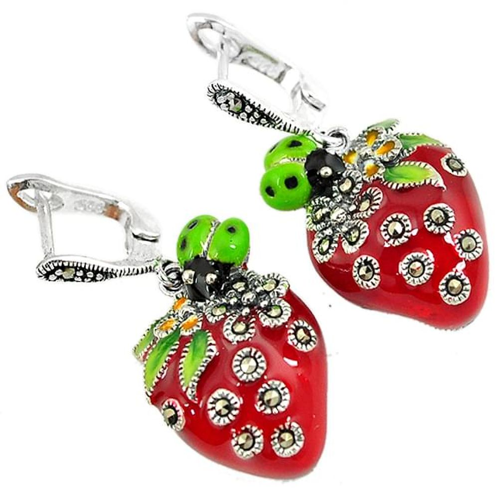 Art deco marcasite multi color enamel 925 silver cheery lady bug earrings h55757