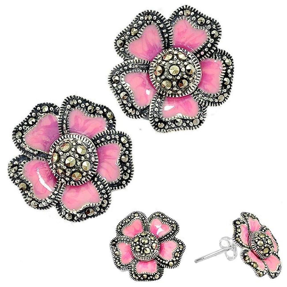 Art deco marcasite pink enamel 925 sterling silver flower stud earrings h55751