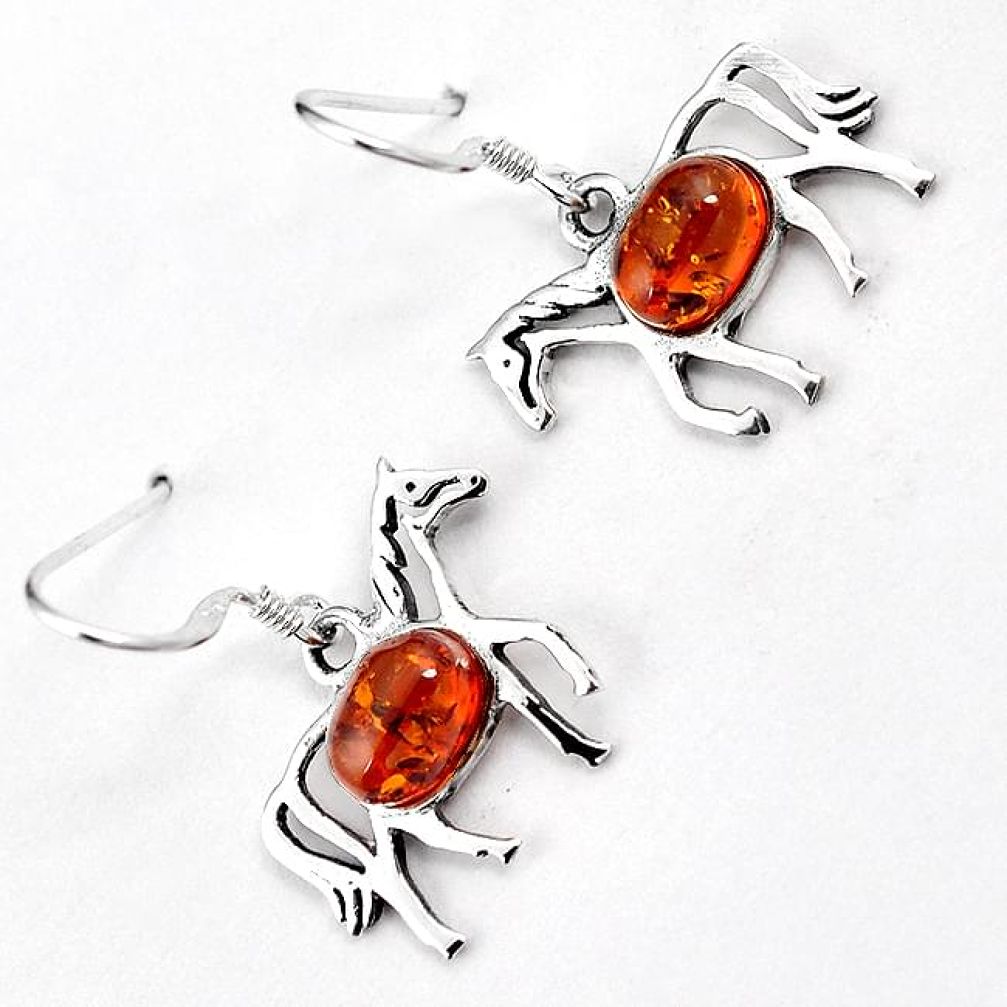 Authentic orange amber 925 sterling silver horse dangle earrings jewelry h54162