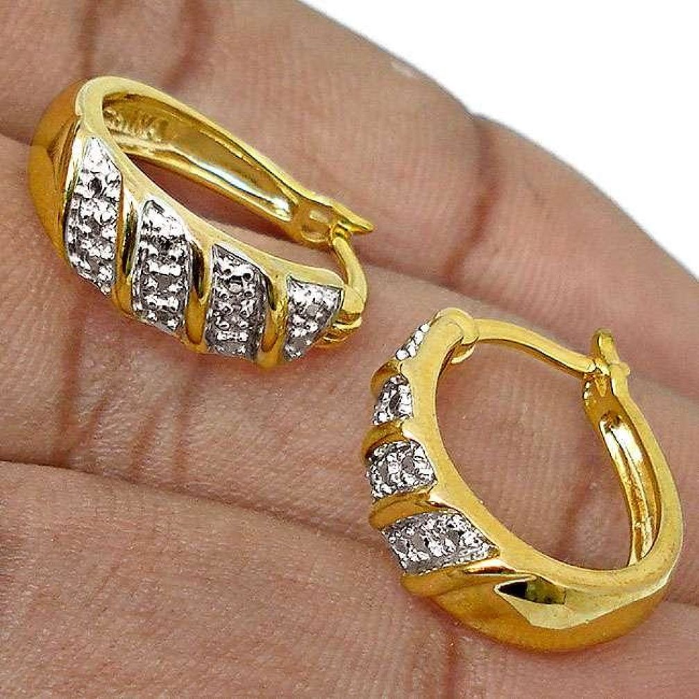 AWESOME NATURAL WHITE DIAMOND 925 SILVER 14K GOLD HOOP EARRINGS JEWELRY H16165
