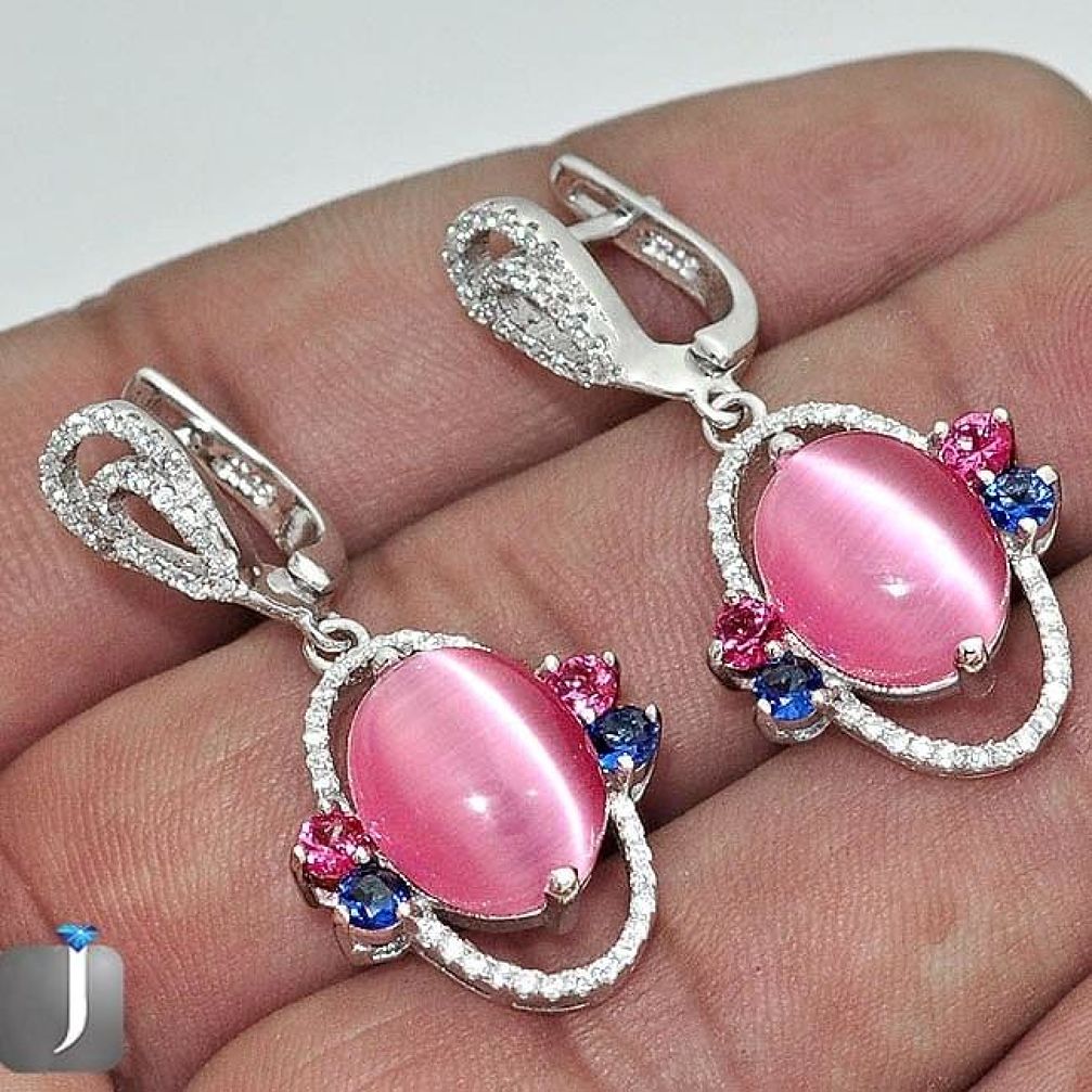 AWESOME PINK CATS EYE SAPPHIRE QUARTZ 925 SILVER DANGLE EARRINGS JEWELRY G2351