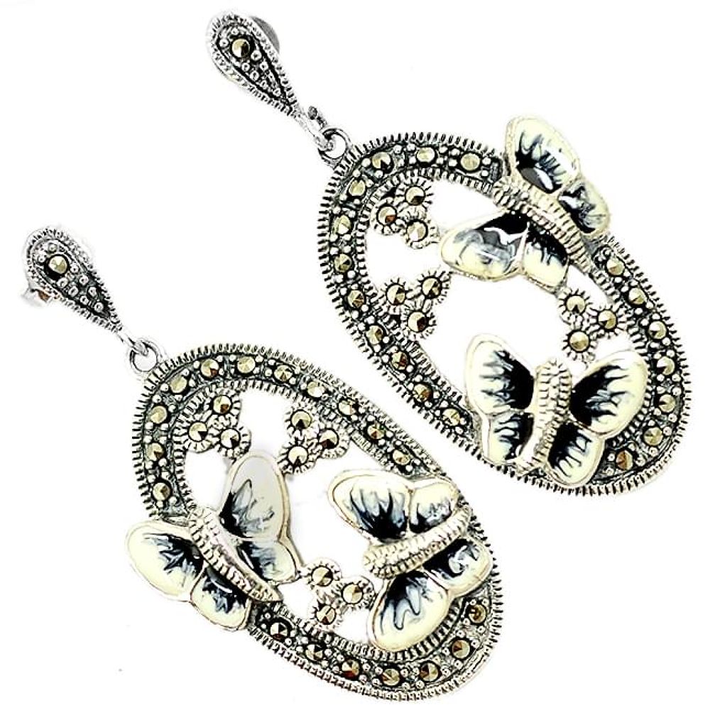 Black white enamel marcasite 925 silver butterfly dangle earrings jewelry h55746