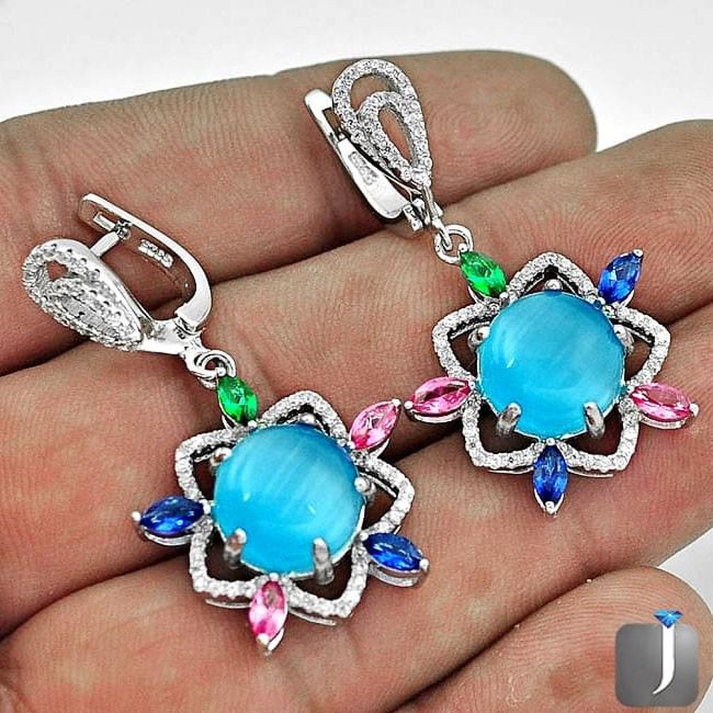 BLUE CATS EYE RUSSIAN NANO EMERALD 925 STERLING SILVER EARRINGS JEWELRY G42338