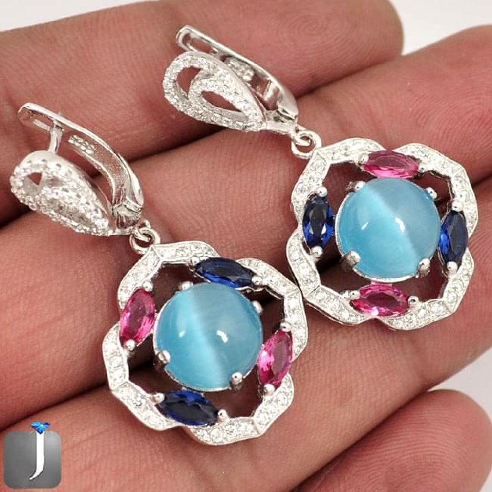 18.58cts BLUE CATS EYE SAPPHIRE QUARTZ 925 SILVER DANGLE EARRINGS JEWELRY F77126