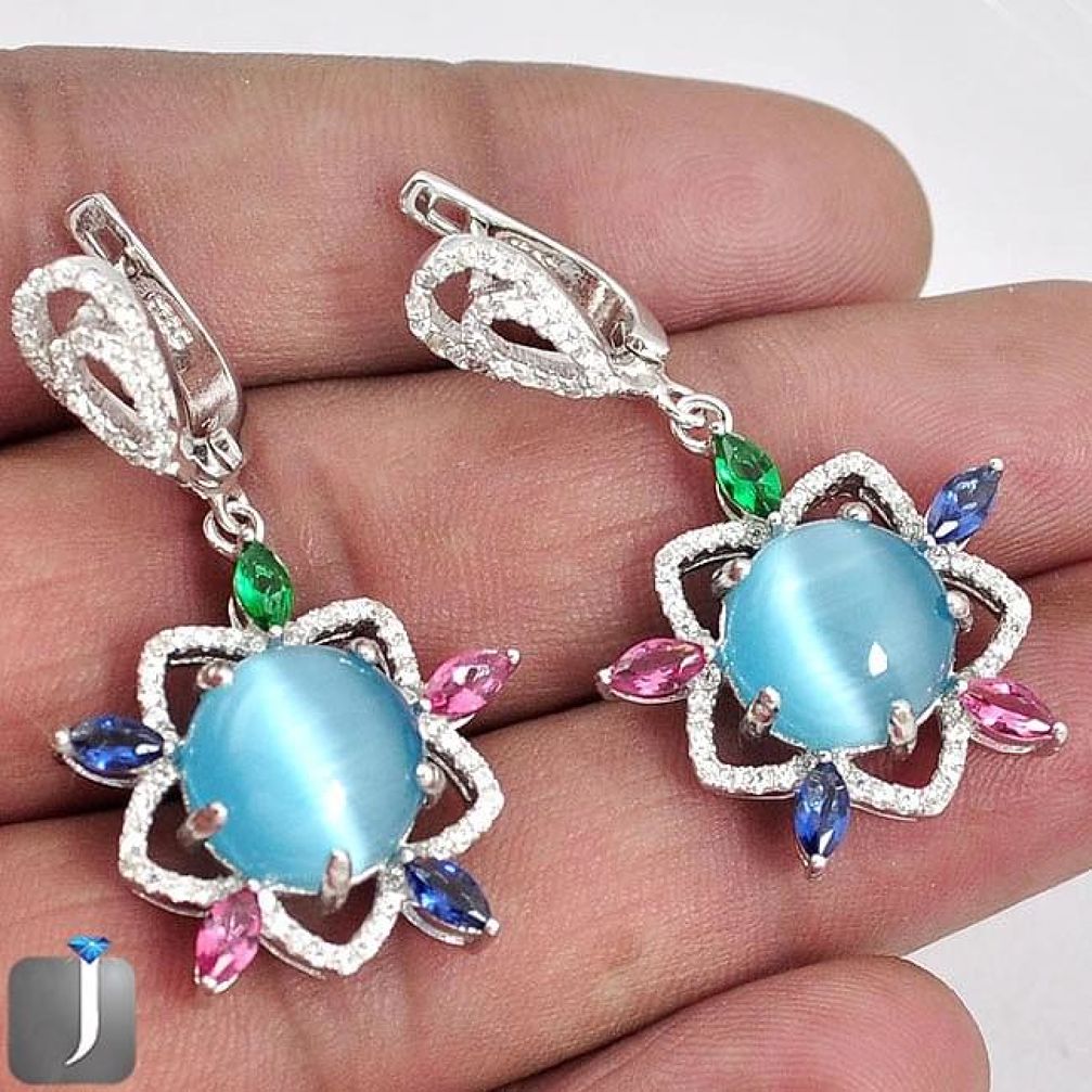 20.69cts BLUE CATS EYE TOPAZ 925 STERLING SILVER DANGLE EARRINGS JEWELRY F36150