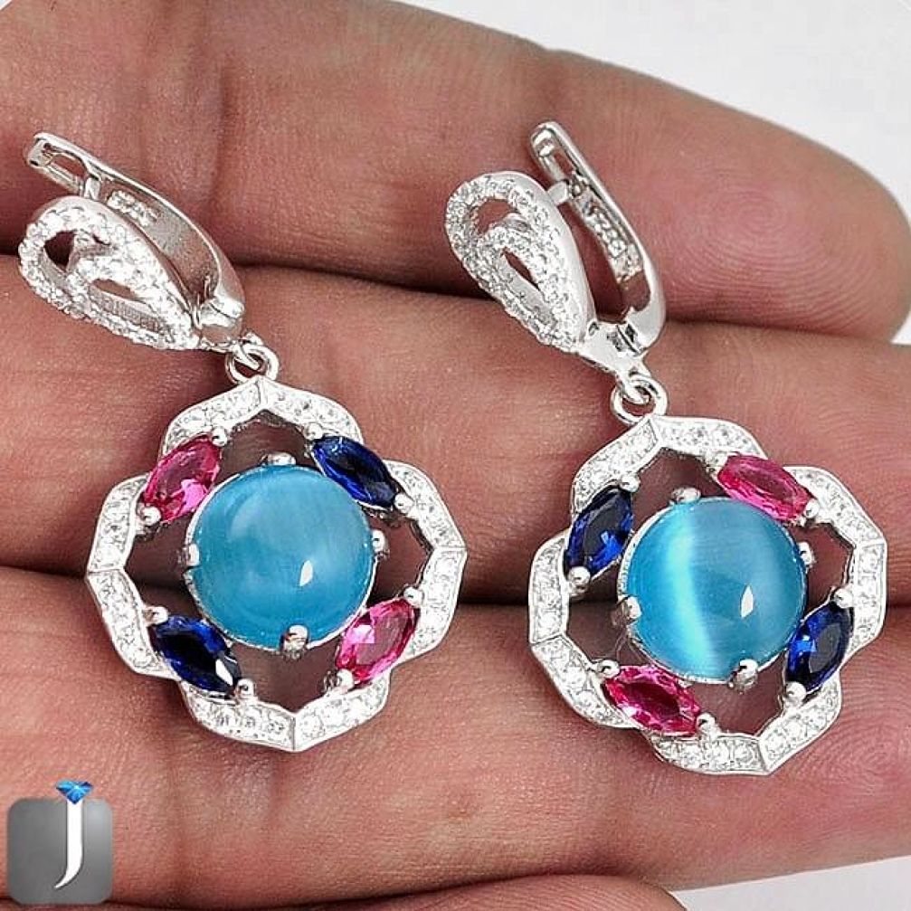 19.13cts BLUE CATS EYE TOPAZ 925 STERLING SILVER DANGLE EARRINGS JEWELRY F36153