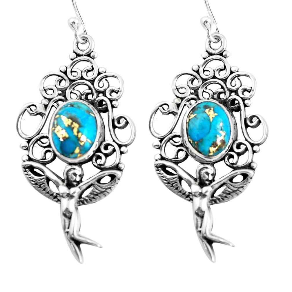 6.53cts blue copper turquoise 925 silver angel wings fairy earrings p52009