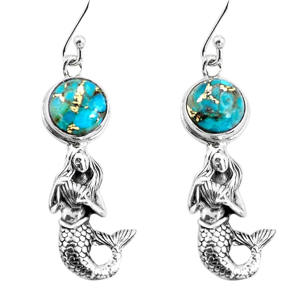 6.13cts blue copper turquoise 925 sterling silver fairy mermaid earrings p55472