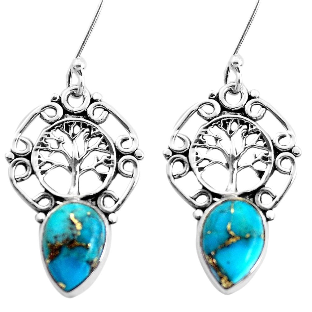 5.63cts blue copper turquoise 925 sterling silver tree of life earrings p41477