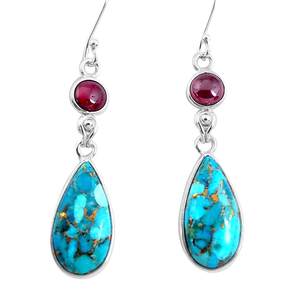 17.96cts blue copper turquoise garnet 925 sterling silver dangle earrings p47978