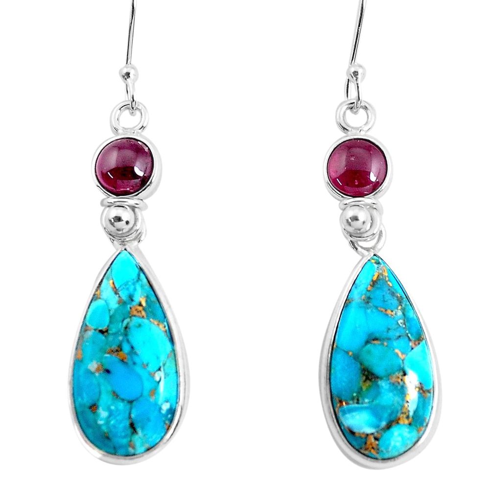 16.68cts blue copper turquoise garnet 925 sterling silver dangle earrings p47996