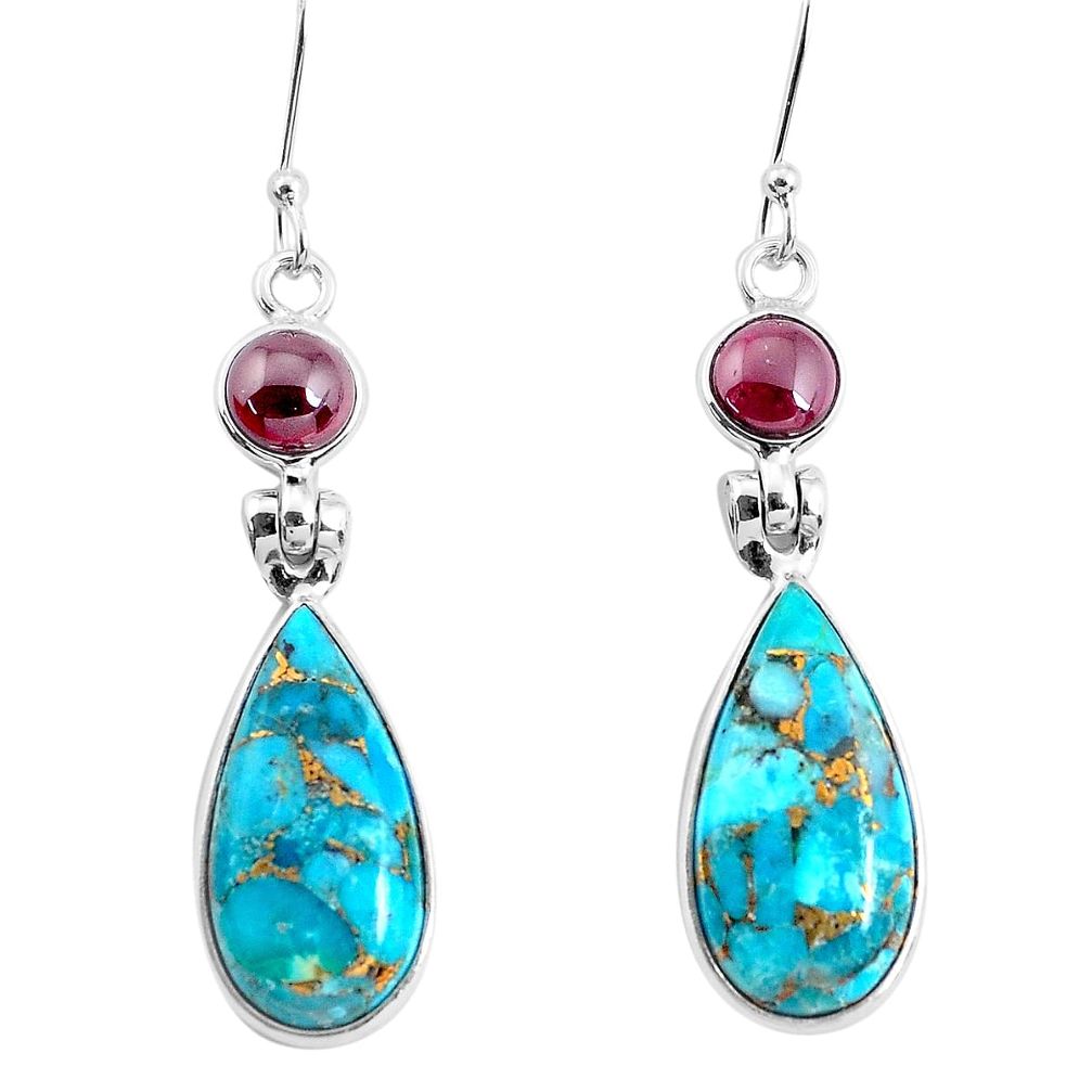 17.29cts blue copper turquoise garnet 925 sterling silver dangle earrings p47999
