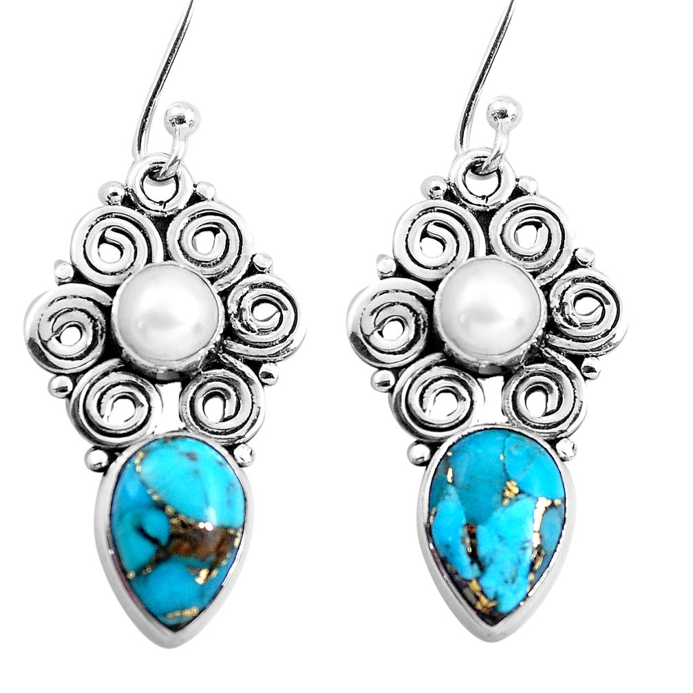 9.32cts blue copper turquoise pearl 925 sterling silver dangle earrings p41294