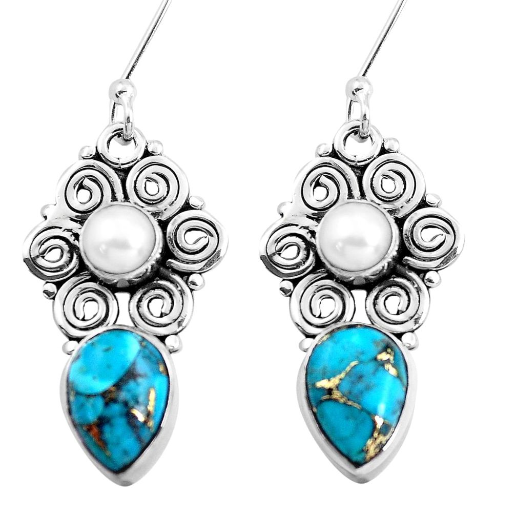 8.54cts blue copper turquoise pearl 925 sterling silver dangle earrings p41295