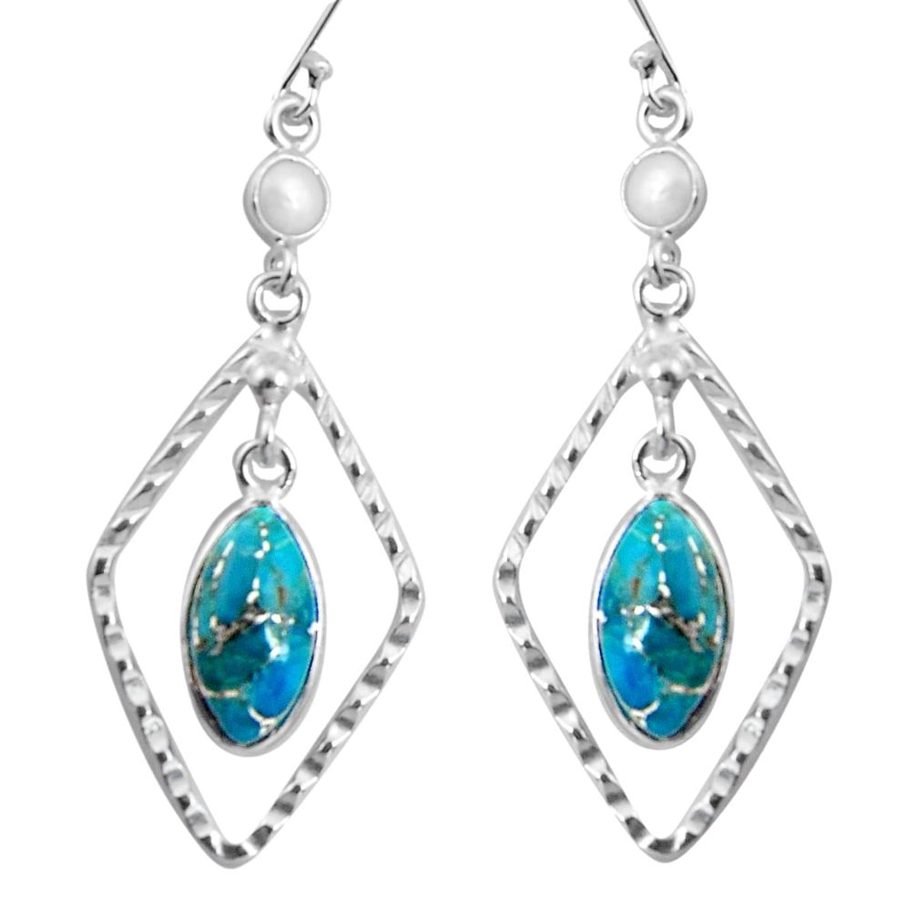 11.20cts blue copper turquoise pearl 925 sterling silver dangle earrings p89996