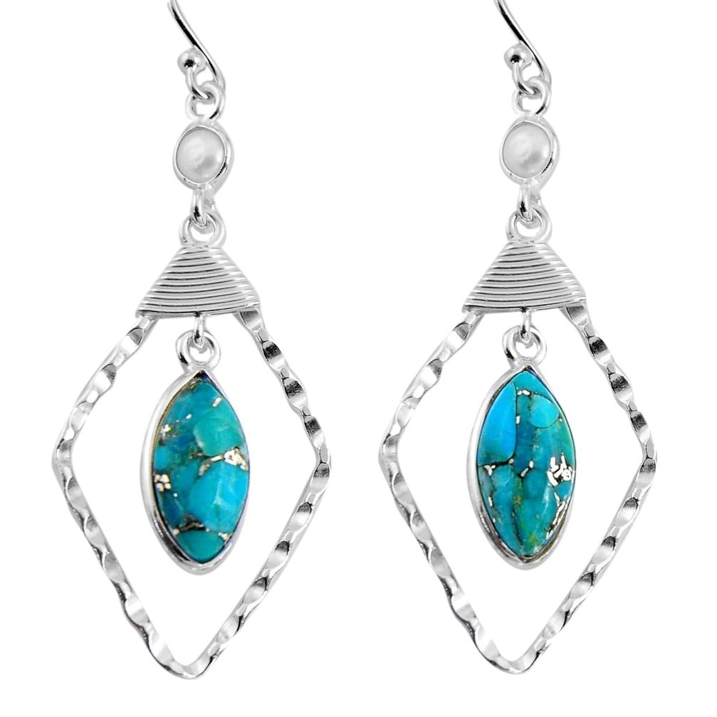 10.71cts blue copper turquoise pearl 925 sterling silver dangle earrings p90017