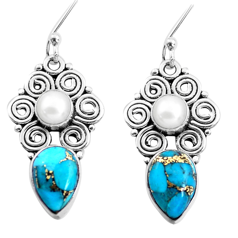 8.77cts blue copper turquoise white pearl 925 sterling silver earrings p41293