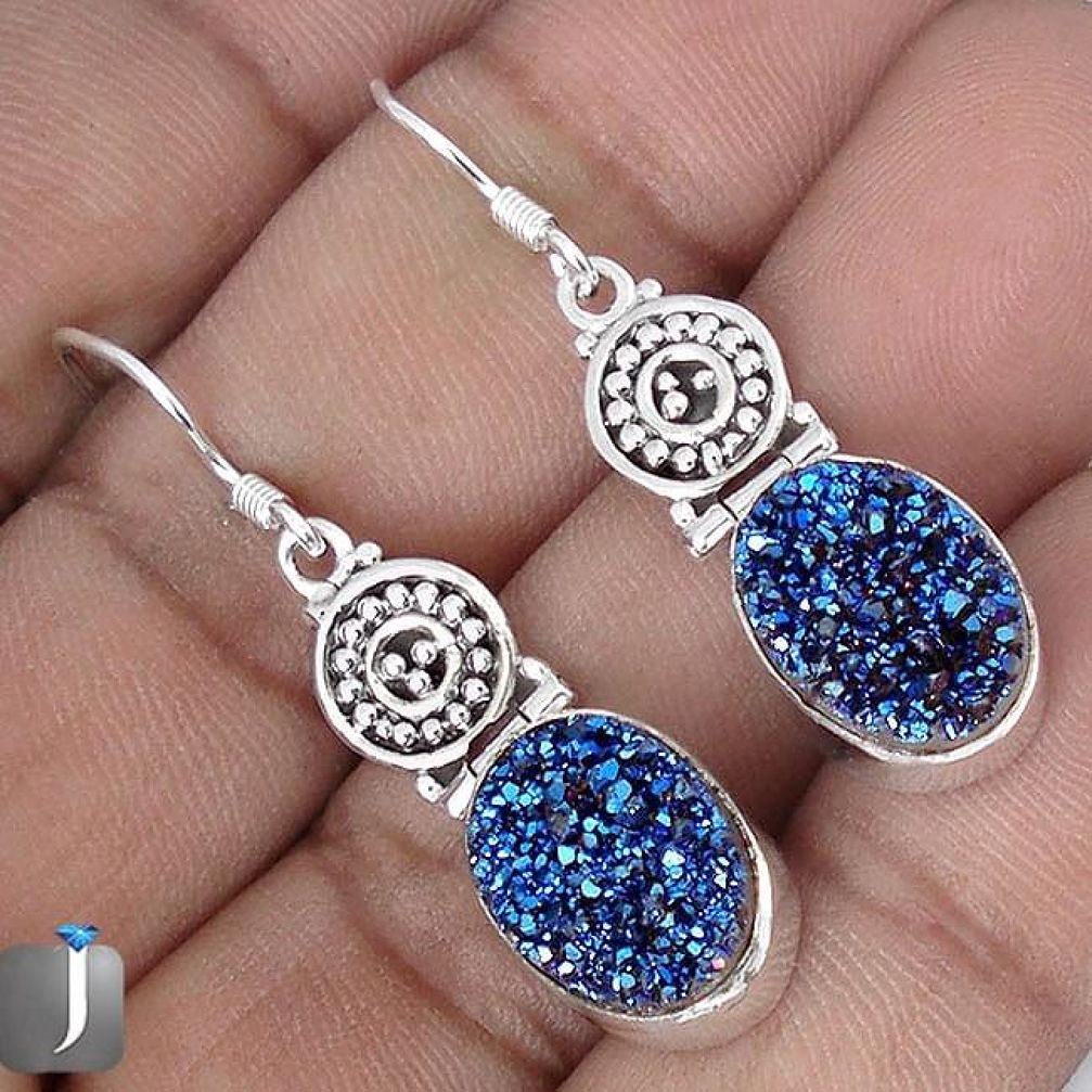 13.59cts BLUE TITANIUM DRUZY 925 STERLING SILVER DANGLE EARRINGS JEWELRY G28781