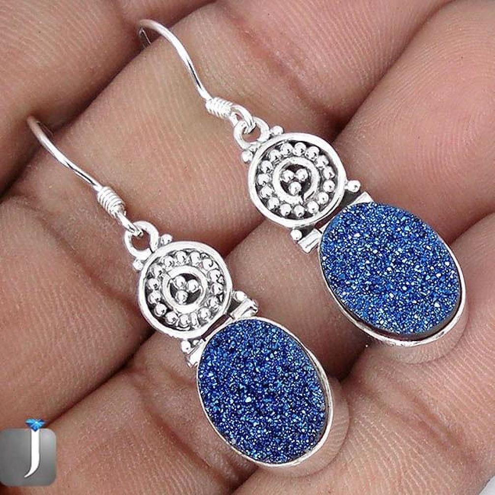 13.95cts BLUE TITANIUM DRUZY 925 STERLING SILVER DANGLE EARRINGS JEWELRY G28782