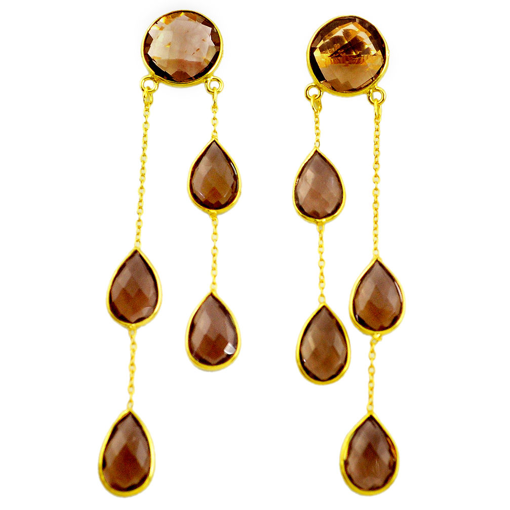 36.68cts brown smoky topaz 925 silver 14k gold chandelier earrings p75399