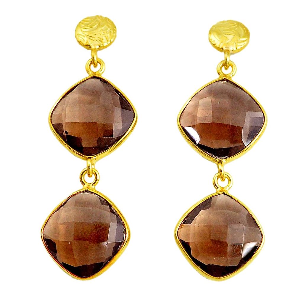 22.14cts brown smoky topaz 925 sterling silver 14k gold dangle earrings p43632