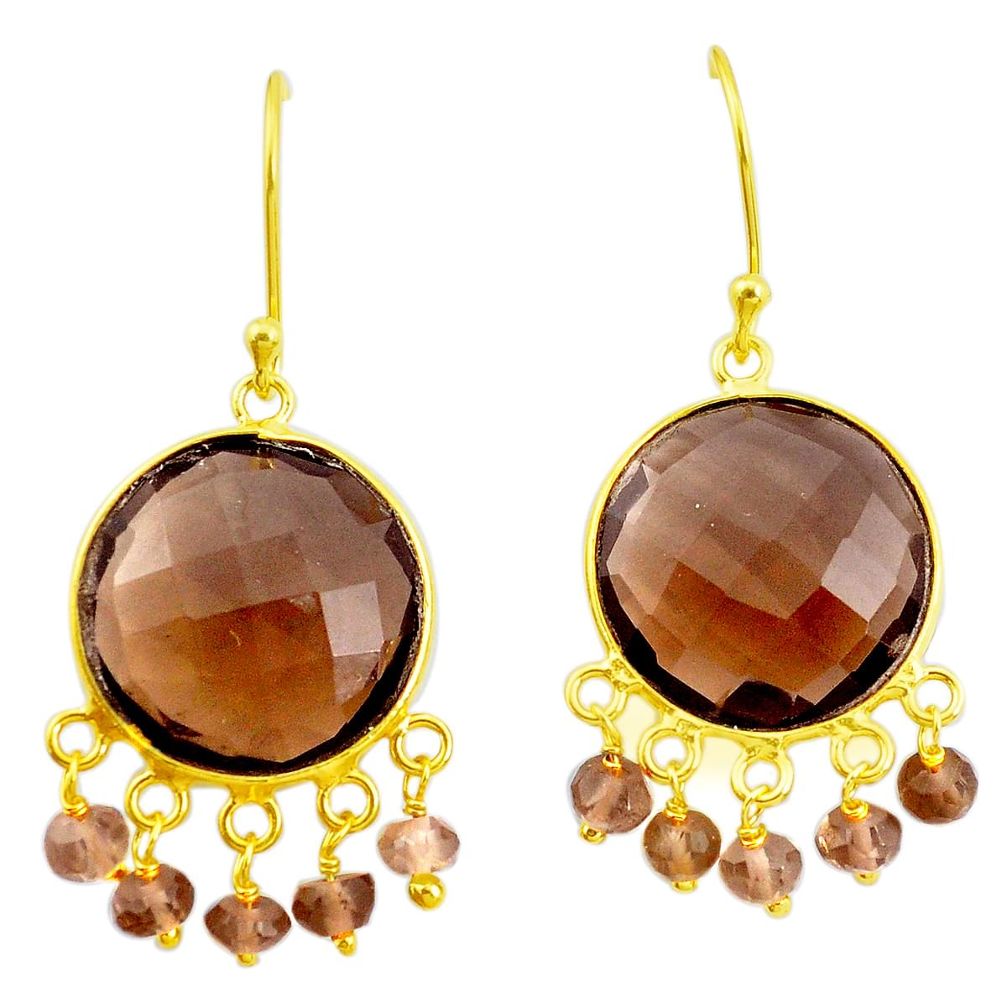 26.43cts brown smoky topaz 925 sterling silver 14k gold dangle earrings p75690