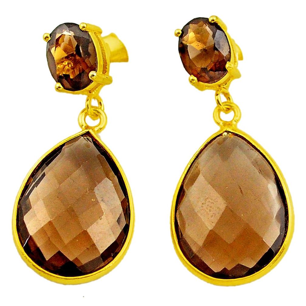 18.85cts brown smoky topaz 925 sterling silver 14k gold dangle earrings p75750