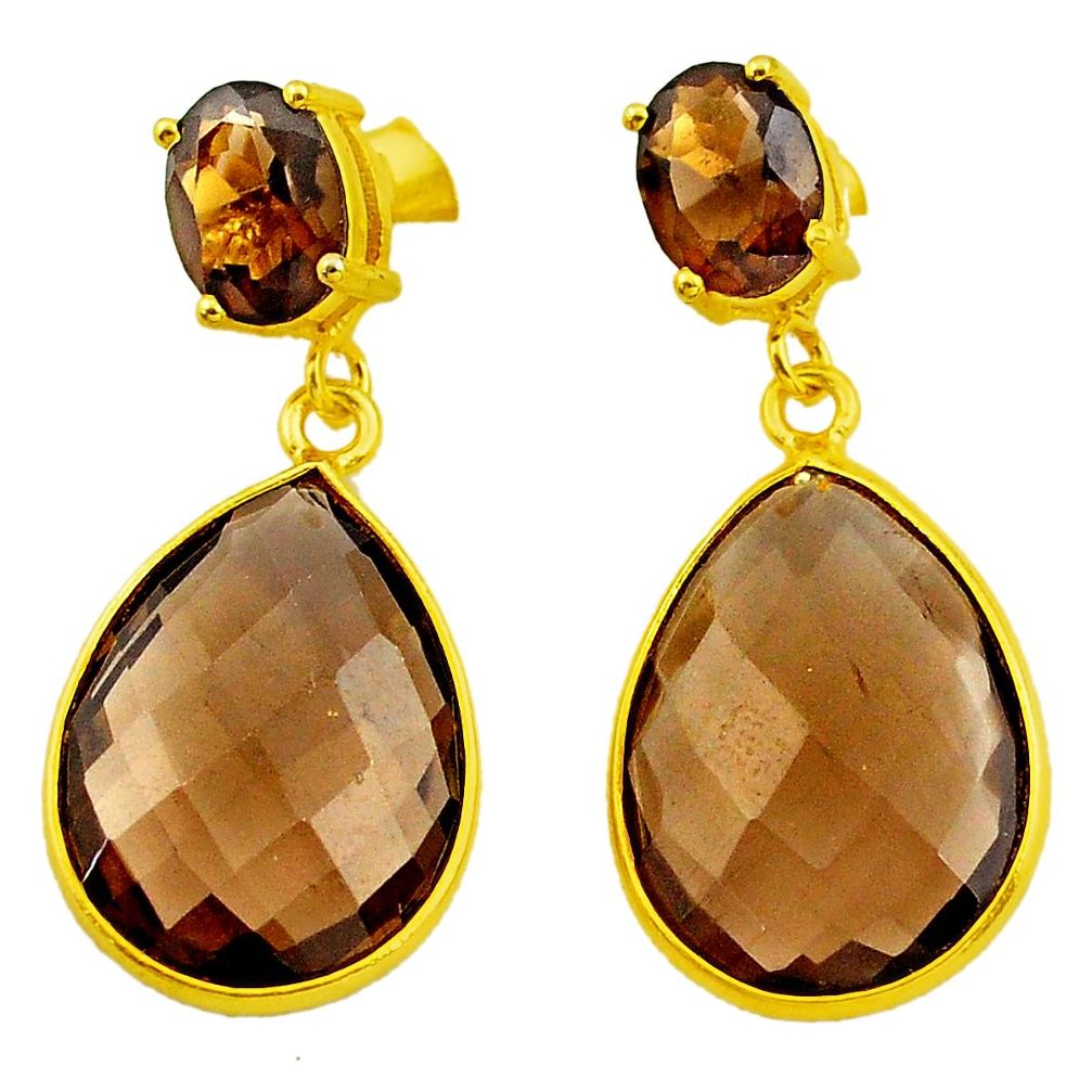 18.21cts brown smoky topaz 925 sterling silver 14k gold dangle earrings p75752