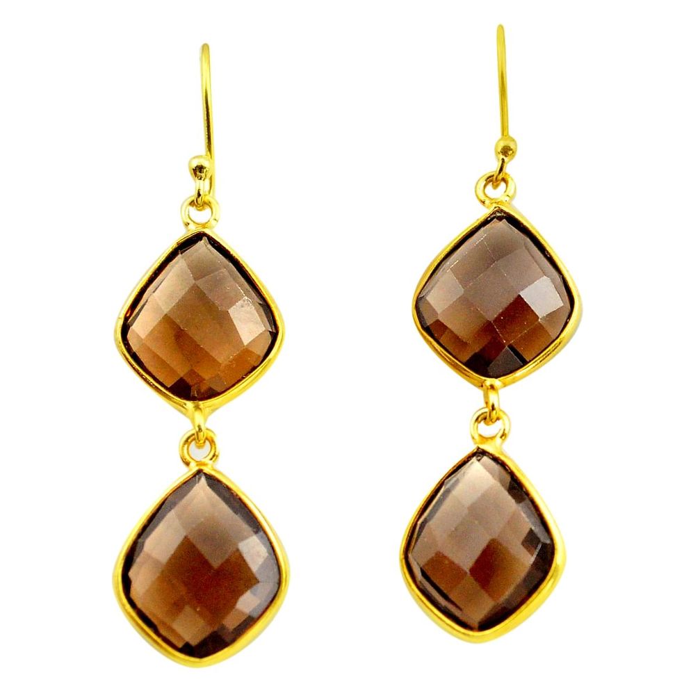 17.35cts brown smoky topaz 925 sterling silver 14k gold dangle earrings p75832