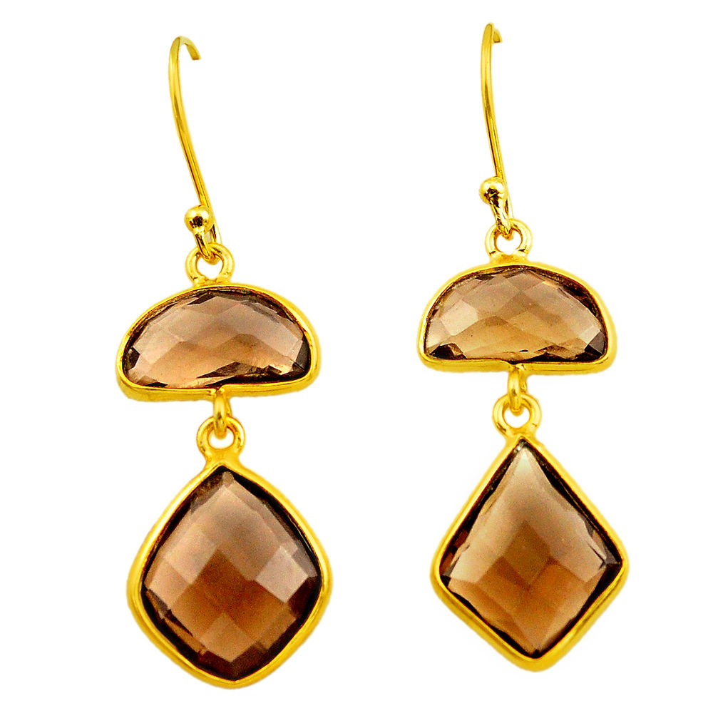 12.99cts brown smoky topaz 925 sterling silver 14k gold dangle earrings p75856