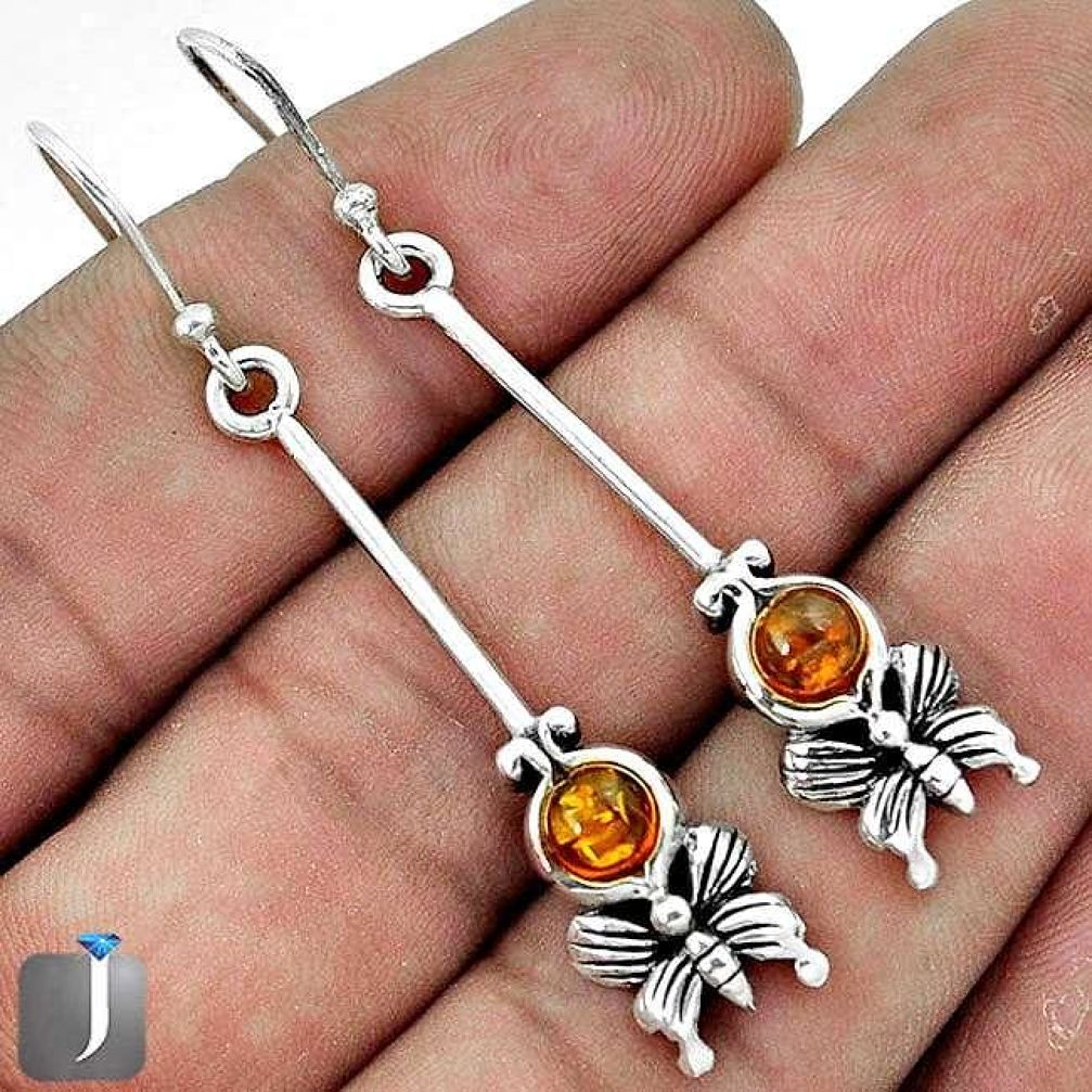 3.01CT BUTTERFLY ORANGE AUTHENTIC BALTIC AMBER 925 SILVER DANGLE EARRINGS G73481