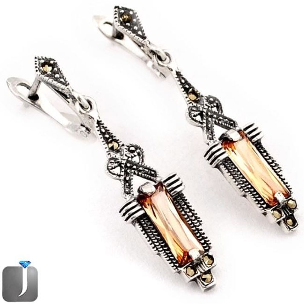 4.24cts CHAMPAGNE TOPAZ QUARTZ SWISS MARCASITE 925 SILVER DANGLE EARRINGS F13831