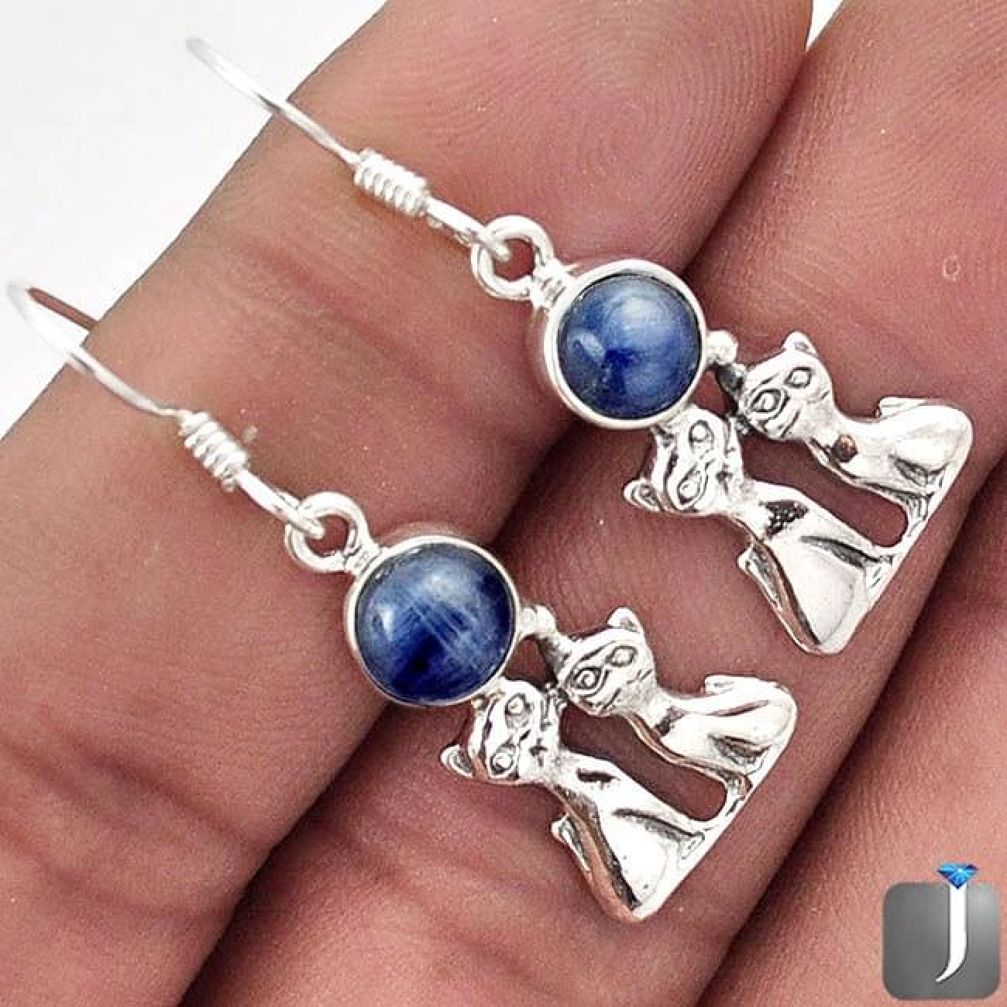 CLASSIC NATURAL BLUE IOLITE 925 STERLING SILVER TWO CATS EARRINGS JEWELRY F57457