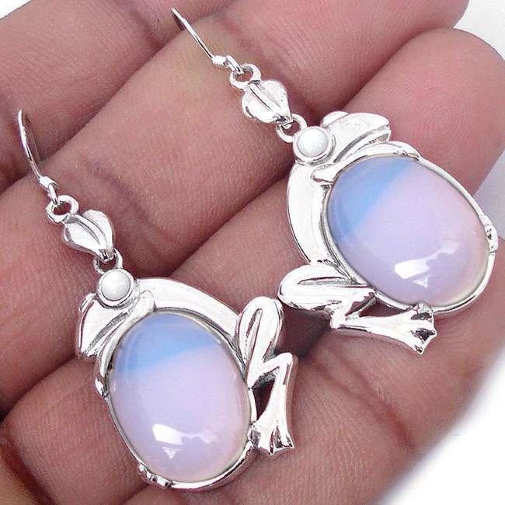 DAZZLING 925 SILVER FROG EARRINGS JEWELRY NATURAL WHITE OPALITE PEARL H14873