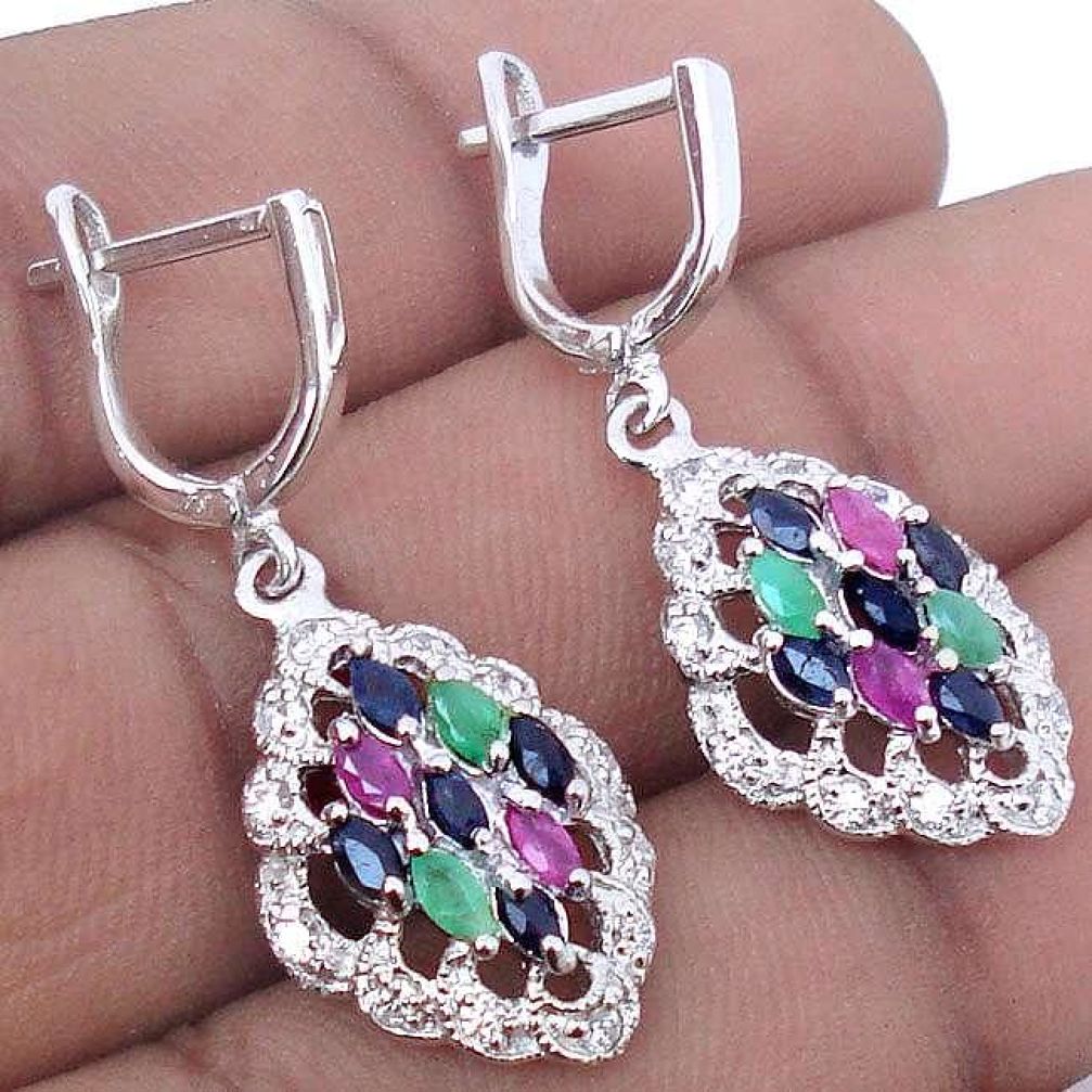 DAZZLING NATURAL BLUE SAPPHIRE EMERALD RUBY 925 STERLING SILVER EARRINGS H13344