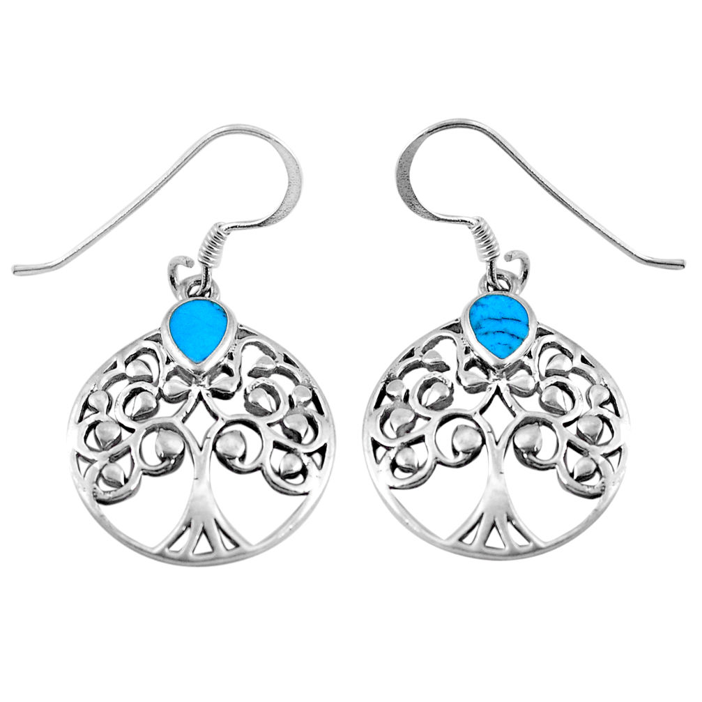 3.02gms fine blue turquoise enamel 925 silver tree of life earrings c4561