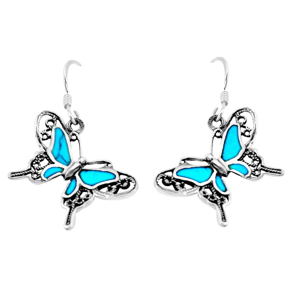 4.24gms fine blue turquoise enamel 925 sterling silver butterfly earrings c2542